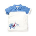Boys Embroidered 100% Organic Cotton Aroplane Graphics Polo Neck T-Shirt- White
