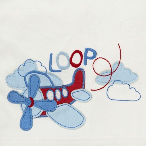 Boys Embroidered 100% Organic Cotton Aroplane Graphics Polo Neck T-Shirt- White - Image 2