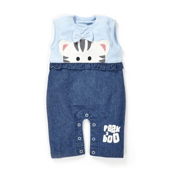 31_Aug_23_Pranava1566 Girls Embroidered Printed 100% Organic Cotton Sleeveless denim Romper - Blue - Image 1