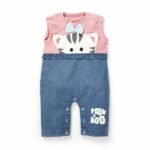 Girls Embroidered Printed 100% Organic Cotton Sleeveless denim Romper with kitty Embroidery-Pink
