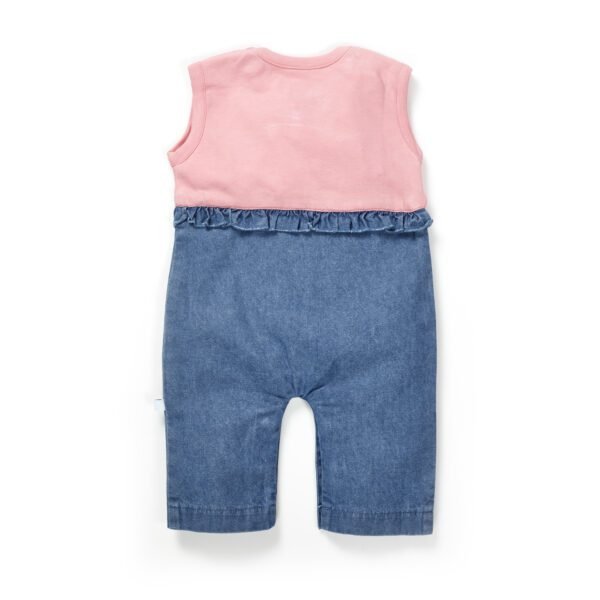 Girls Embroidered Printed 100% Organic Cotton Sleeveless denim Romper with kitty Embroidery-Pink - Image 4