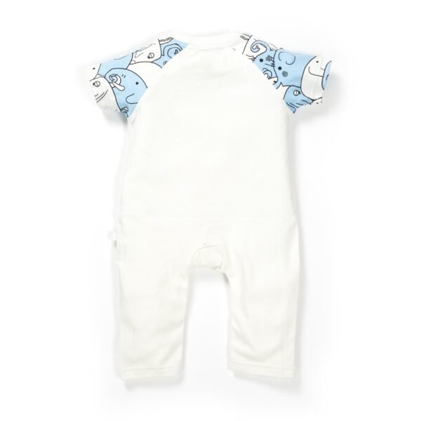 Boys Embroidered 100% Organic Cotton Half Sleeves Sleepsuit with Elephant print-White - Image 3