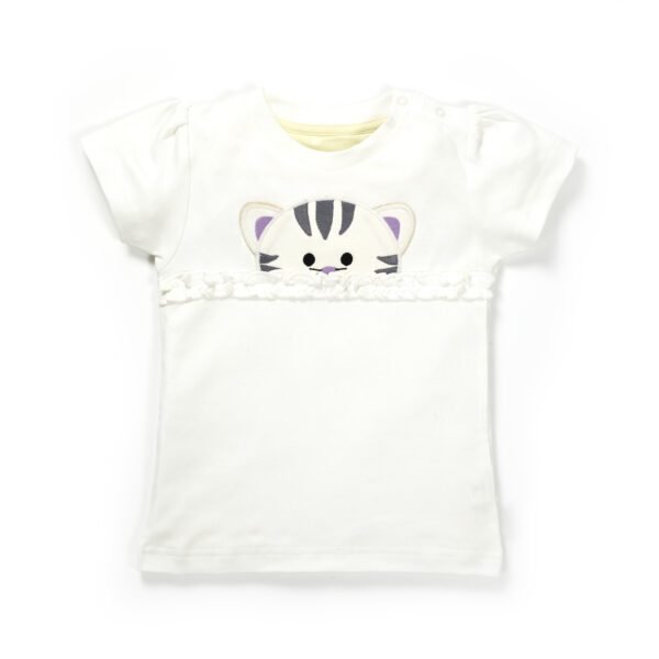 Girls Embroidered Printed 100% Organic Cotton Short sleeve Top and Dotted Pant Set-White - Image 2