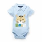 Unisex Printed 100%Organic Cotton Boys Half Sleeves Collar neck Bodysuit with tiger print- Blue