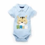 Unisex Printed 100%Organic Cotton Boys Half Sleeves Collar neck Bodysuit with tiger print- Blue