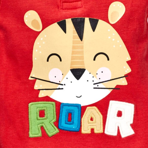 Boys Printed 100% Organic Cotton Collar Neck Half Sleeves Bodysuit with Tiger print- Red - Image 4