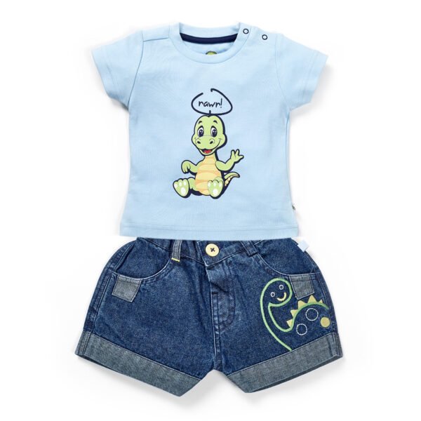 IBLA-34 6-9M Angel Falls Boys Graphic Printed 100%Organic Cotton T-Shirt and Denim Shorts Set with diano print-Blue - Image 1