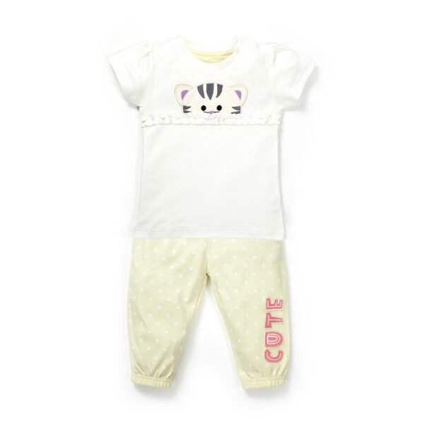 Girls Embroidered Printed 100% Organic Cotton Short sleeve Top and Dotted Pant Set-White - Image 1