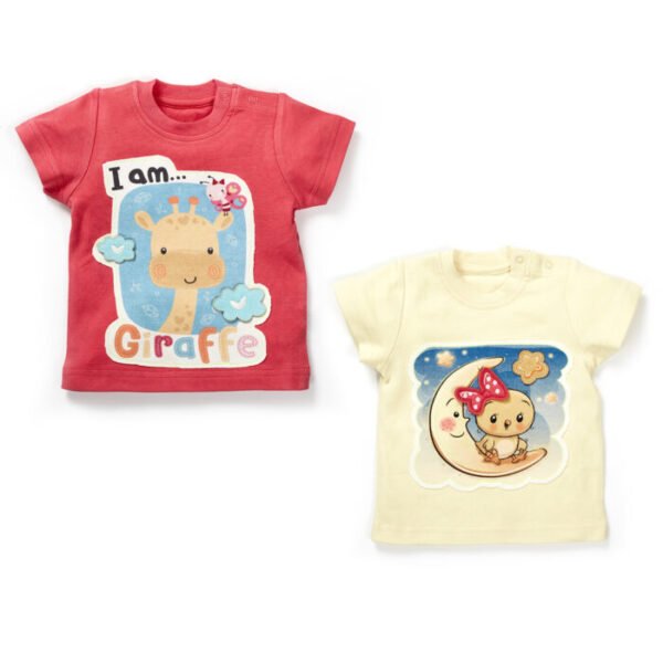 Girls Graphic Printed 100%Organic Cotton T-Shirt Combo Pack of 2 with cute bird and giraffe printed patch-Pink and Yellow - Image 1