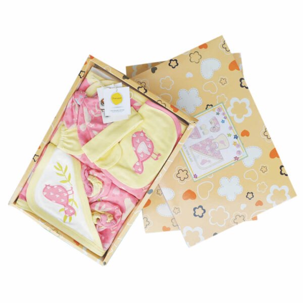 Unisex Printed 100%Organic Cotton Newborn baby Gift Set with Bird print Pack of 5-Pink and yellow - Image 2