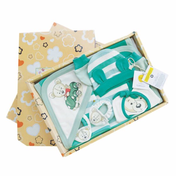 Unisex Printed 100%Organic Cotton Newborn baby Gift Set with Teddy graphics Pack of 5-White and Green - Image 1