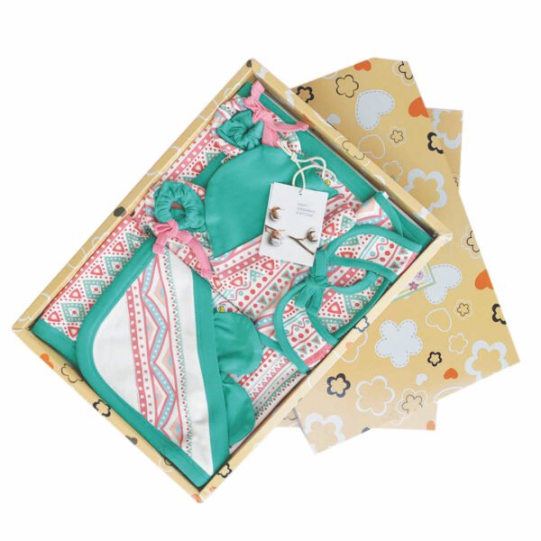 Unisex Printed 100%Organic Cotton Zulu pattern Newborn baby Gift Set Pack of 5-White,Green - Image 2