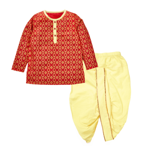 Girls Graphic Printed 100%Organic Cotton Festive Summer Kurta and Dhoti set with Glitter Print-Red and Yellow - Image 1