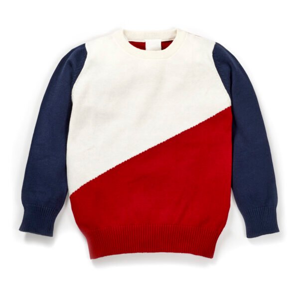 Unisex Printed 100%Organic Cotton Geometric pattern pull over sweater-Red and Navy - Image 1