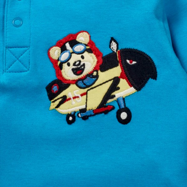 Boys Graphic Printed 100%Organic Cotton Hooded Jacket with stripes and plane emb-Blue - Image 2