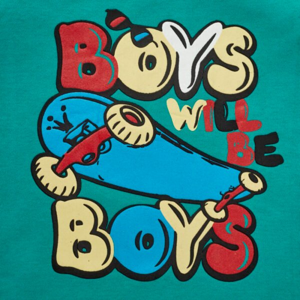 Boys Graphic Printed 100% Organic Cotton T-shirt with Text print-Mint Green - Image 2