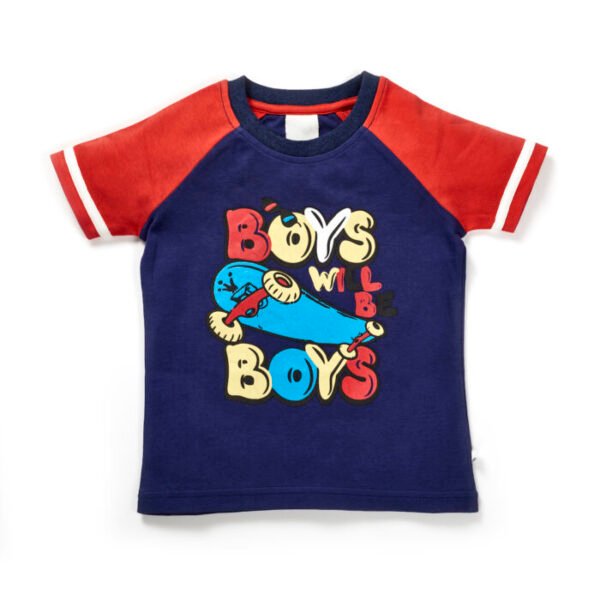 Boys Embroidered 100% Organic Cotton T-shirt with Text print - Navy - Image 1
