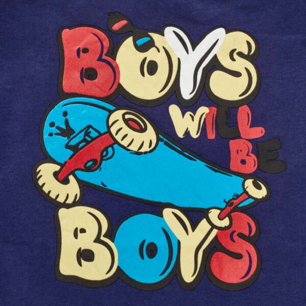 Boys Embroidered 100% Organic Cotton T-shirt with Text print - Navy - Image 2