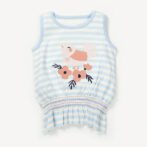 Girls Embroidered Printed 100% Organic Cotton stripes Sleeveless Top with floral bird graphic-Lt Blue
