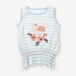 Girls Embroidered Printed 100% Organic Cotton stripes Sleeveless Top with floral bird graphic-Lt Blue
