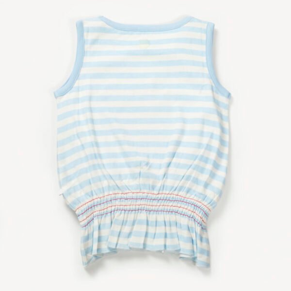 Girls Embroidered Printed 100% Organic Cotton stripes Sleeveless Top with floral bird graphic-Lt Blue - Image 3