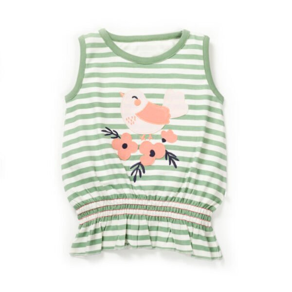 Girls Embroidered Printed 100% Organic Cotton Sleeveless Top with floral bird graphic-Green stripes - Image 1