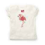 Girls Embroidered Printed 100% Organic Cotton Top With Flamingo Print-White