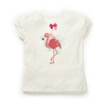 Girls Embroidered Printed 100% Organic Cotton Top With Flamingo Print-White