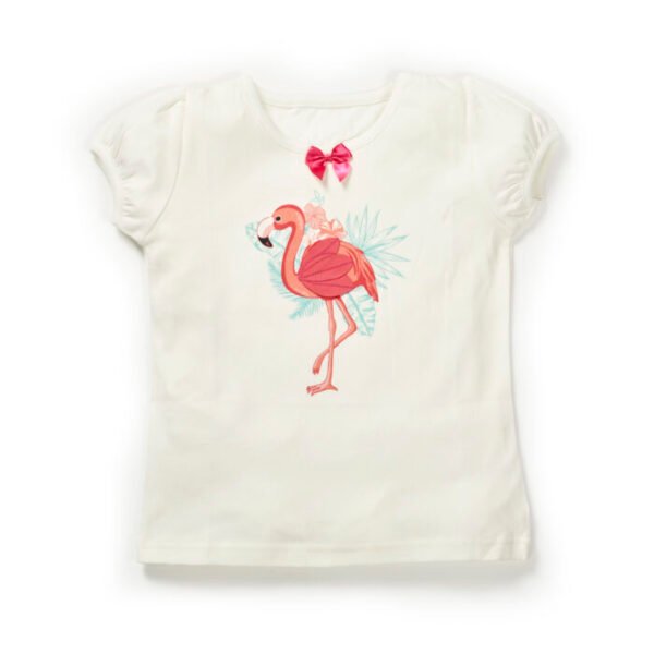 Girls Embroidered Printed 100% Organic Cotton Top With Flamingo Print-White - Image 1