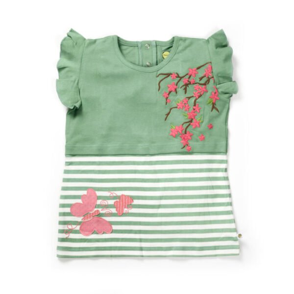 Girls Embroidered Printed 100% Organic Cotton Double layer style  floral Top-Green - Image 1