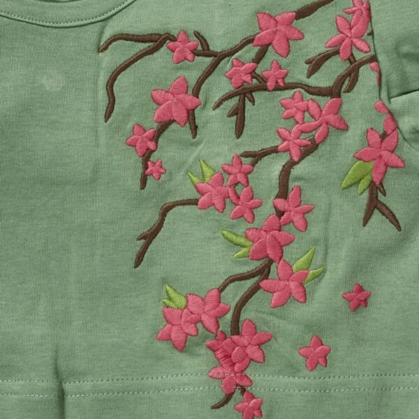Girls Embroidered Printed 100% Organic Cotton Double layer style  floral Top-Green - Image 2