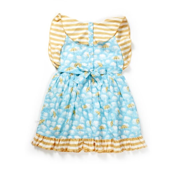 Girls Graphic Printed 100%Organic Cotton Umbrella pattern Frock-Blue - Image 3