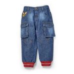 Boys Embroidered 100% Organic Cotton Denim Pant with Cargo Pocket-Blue
