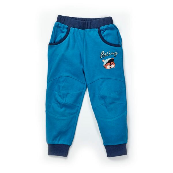 31_Aug_23_Pranava1691 Boys Embroidered 100% Organic Cotton Long Pants with racing Tiger-Teal - Image 1