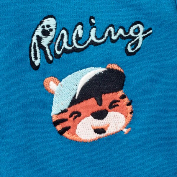 Boys Embroidered 100% Organic Cotton Long Pants with racing Tiger-Teal - Image 2