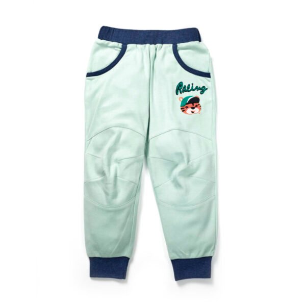 Boys Embroidered 100% Organic Cotton Boys Long Pants with racing Tiger- Lt green - Image 1