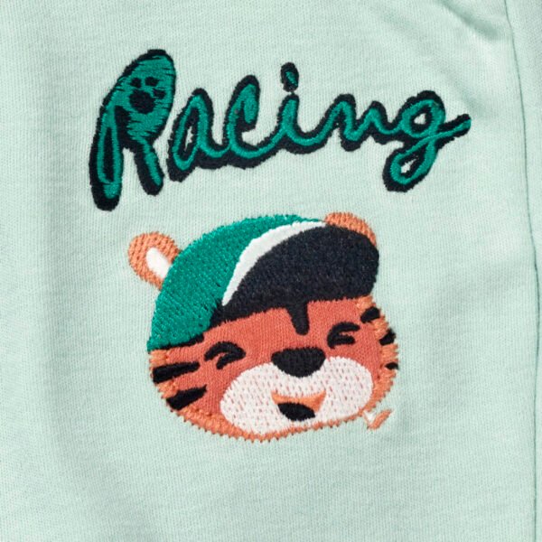 Boys Embroidered 100% Organic Cotton Boys Long Pants with racing Tiger- Lt green - Image 2