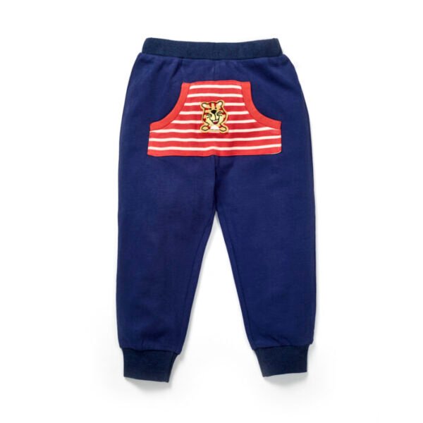 31_Aug_23_Pranava1704 Boys Embroidered 100% Organic Cotton Long Pants with stripe Pocket-Navy - Image 1