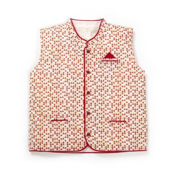 Boys Printed 100% Organic Cotton Geometrical Front Opening Cotton Jacket-Red Yellow - Image 1