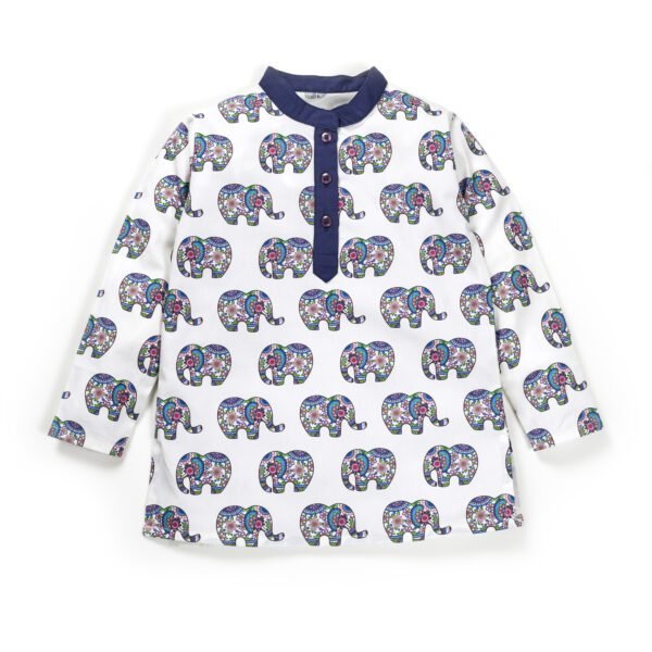 Boys Printed 100% Organic Cotton Ethnic Elephant design Collar Kurta and Pajama Set-White and Navy - Image 2