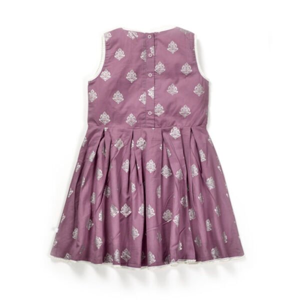 Girls Printed 100%Organic Cotton Festive Summer Frock with Silver glitter-Purple - Image 2