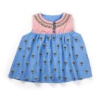 Girls Embroidered Printed 100% Organic Cotton Festive embroidered Top and Dhoti Style Bottoms-Blue and Pink - Image 2