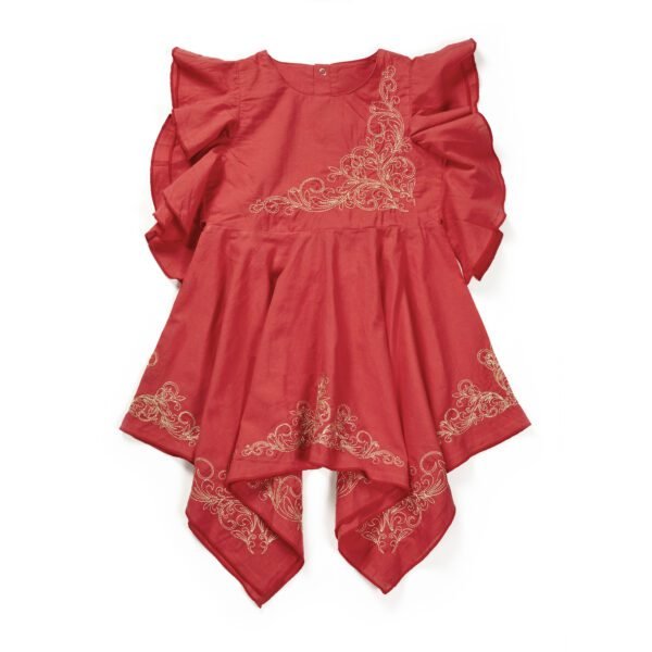 Girls Embroidered 100% Organic Cotton Summer Festive Frock Handkerchief Style-Red - Image 1