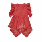 Girls Embroidered 100% Organic Cotton Summer Festive Frock Handkerchief Style-Red - Image 3