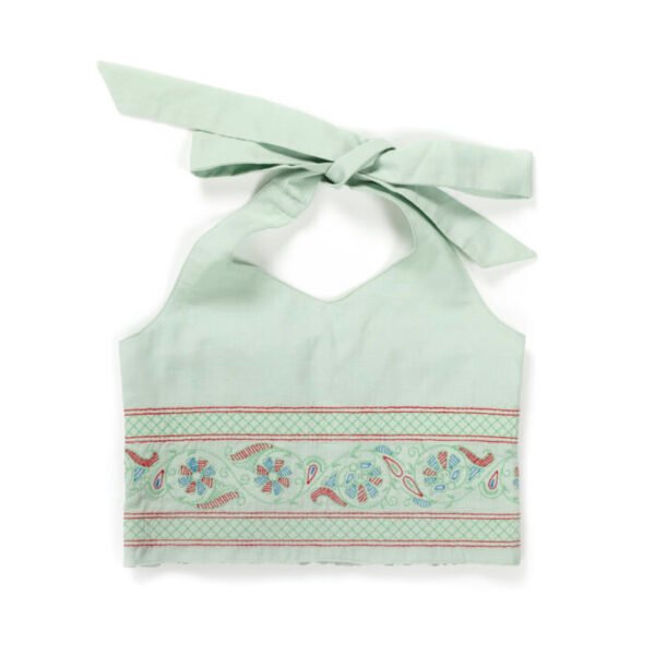 Girls Printed 100%Organic Cotton Festive Skirt with Haulter neck blouse and shaded Dupatta- White and Light Green - Image 6