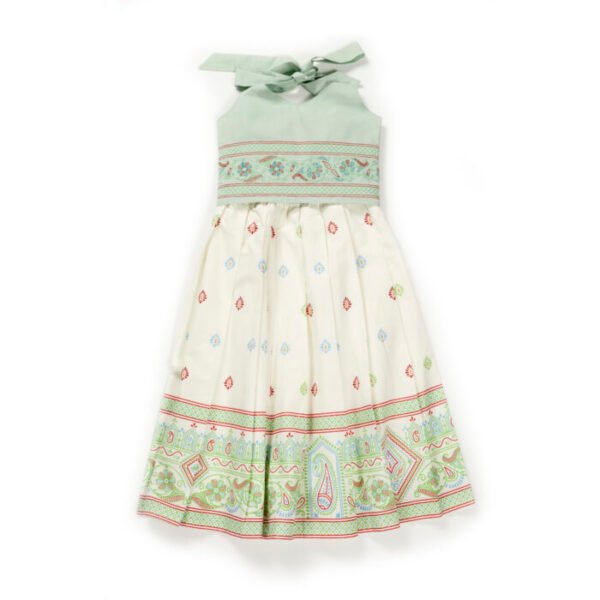 Girls Printed 100%Organic Cotton Festive Skirt with Haulter neck blouse and shaded Dupatta- White and Light Green - Image 3