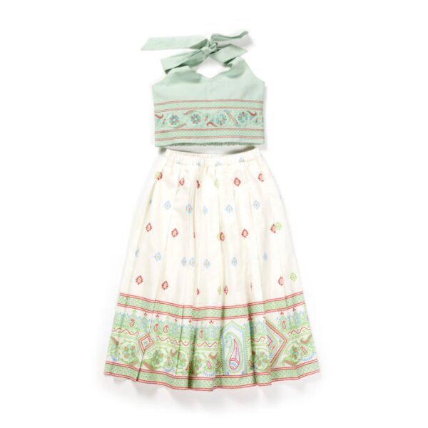 Girls Printed 100%Organic Cotton Festive Skirt with Haulter neck blouse and shaded Dupatta- White and Light Green - Image 2