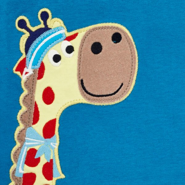 Boys Embroidered 100% Organic Cotton Collar T-shirt with Giraffe applique- Teal - Image 2