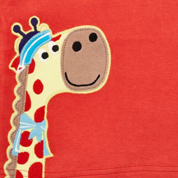 Boys Embroidered 100% Organic Cotton T-shirt with Giraffe applique-Red - Image 2