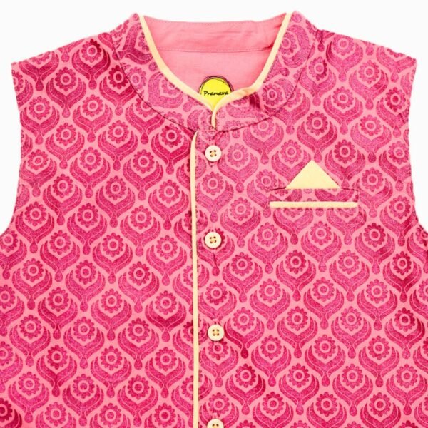 Boys Printed 100% Organic Cotton Ethnic designed Front Opening Cotton Jacket-Pink - Image 3